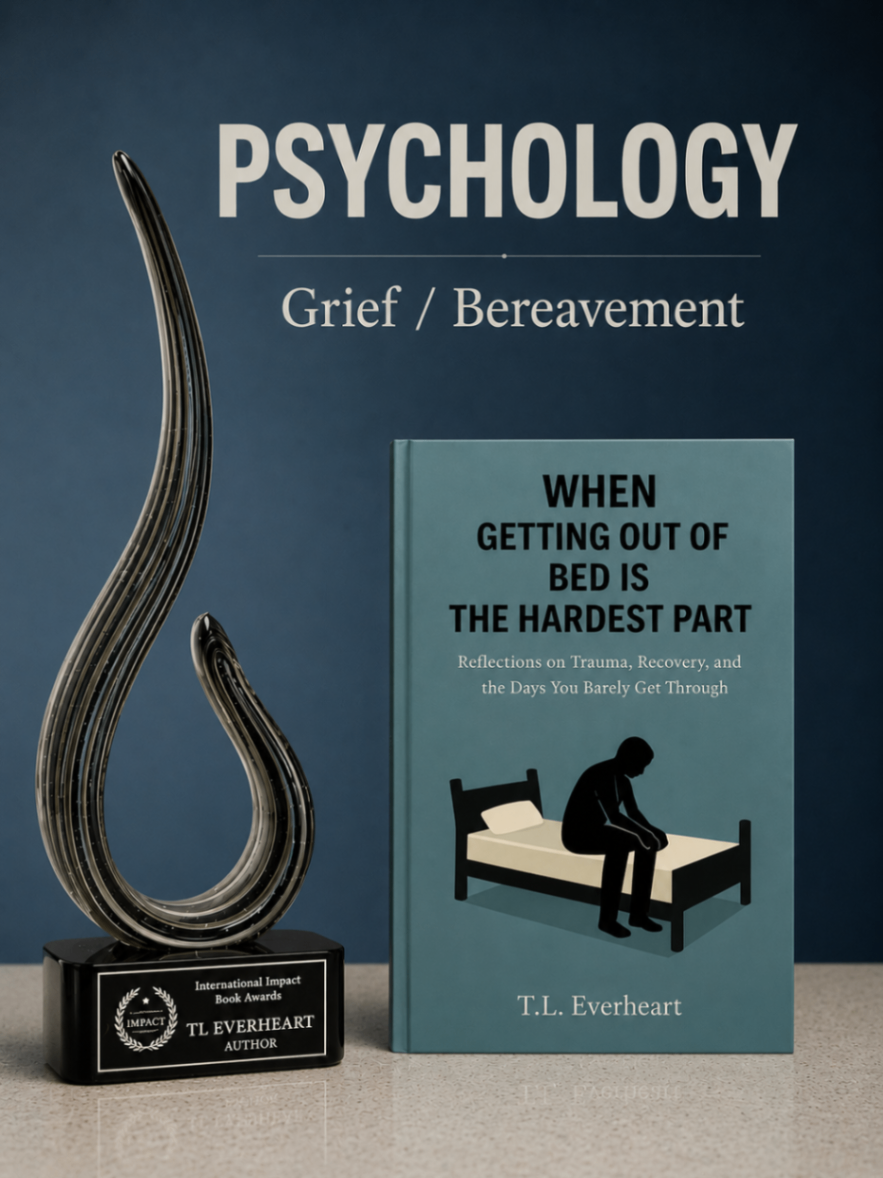 Cover of When Getting Out of Bed Is the Hardest Part beside an International Impact Book Awards trophy
